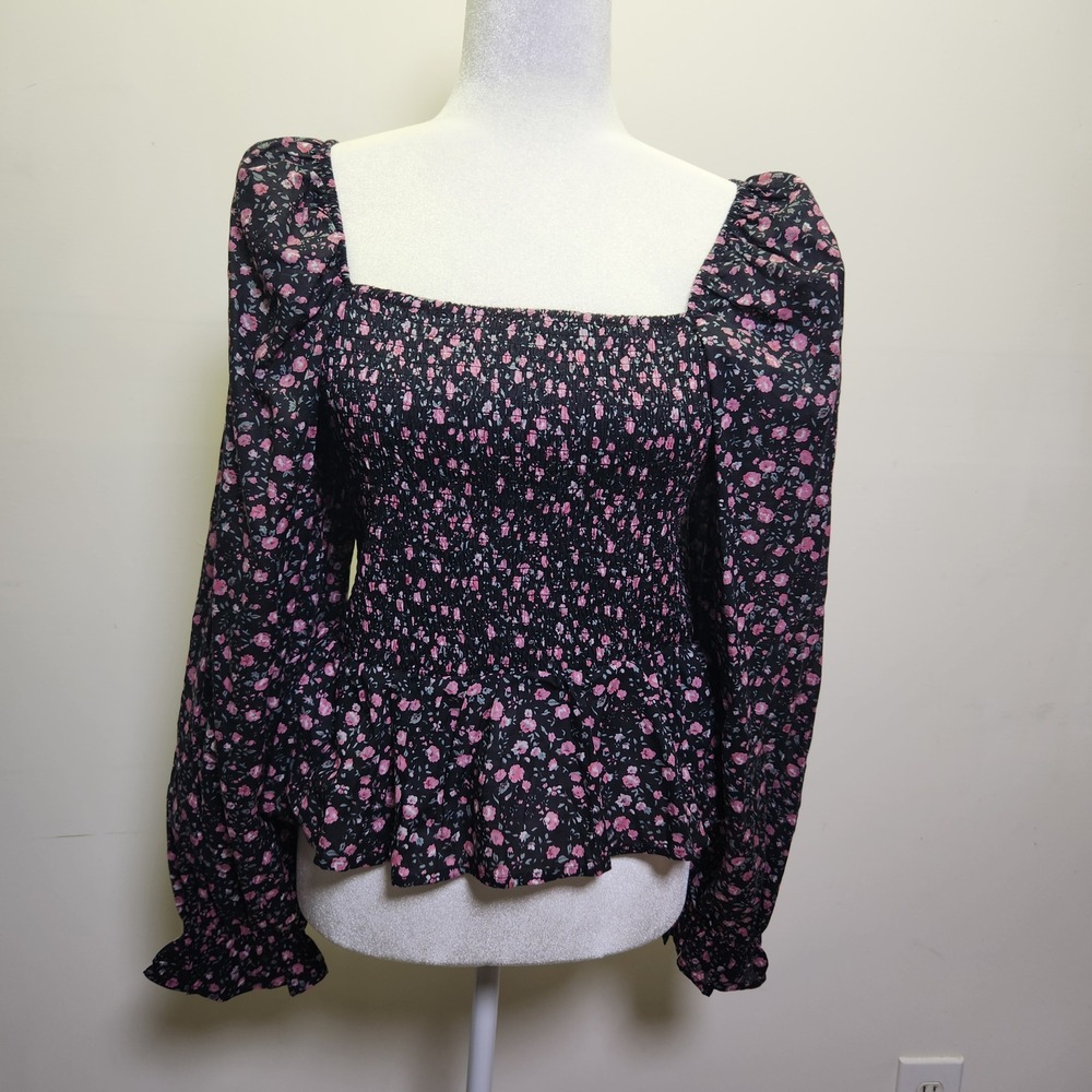 Dizzy Lizzy Women's L Black Floral Smocked Square Neck Peplum Blouse 100% Cotton